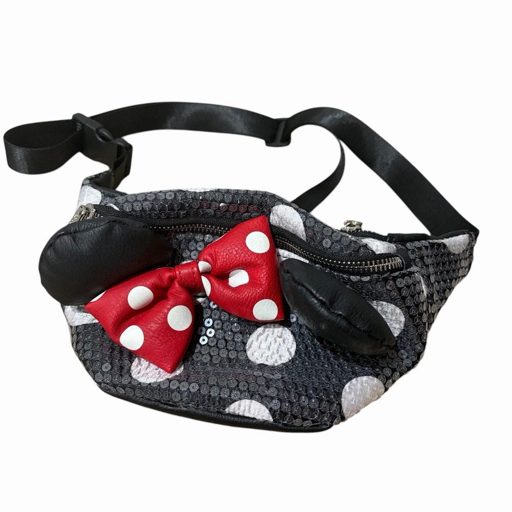 Disney Parks Loungefly Black Minnieโ Mouse Sequined Waist Bag Red Polka Dot Bow